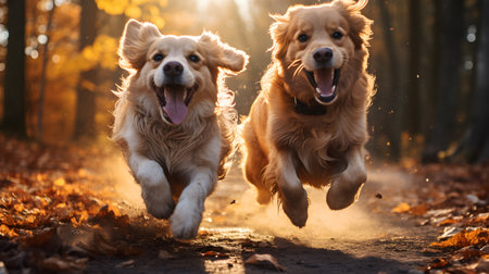 Golden Retriever and Retriever running in the autumn forestの素材
