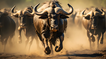 Wildebeest running in dust with herd of buffalos in backgroundの素材