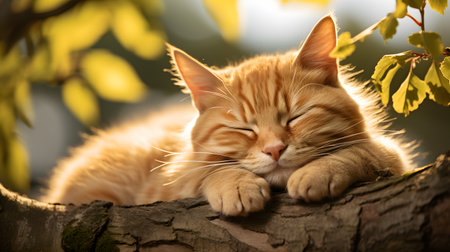 Cute ginger cat sleeping in the sun on a tree branch.の素材