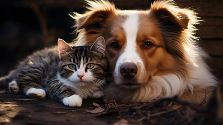 Portrait of a border collie dog and cat lying on the ground.の素材