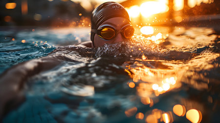 Young man in goggles and cap swimming in the pool at sunset.の素材