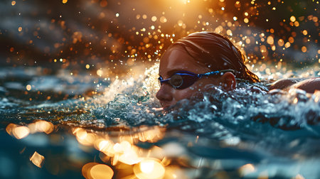 Young man swimming in the pool with splashes of water at sunsetの素材