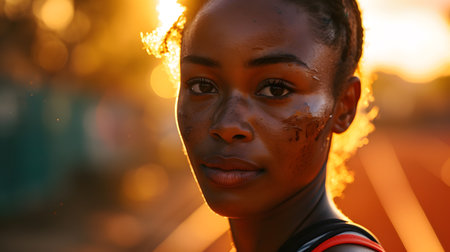 Close-up portrait of a young African American woman in sportswear at sunset.の素材
