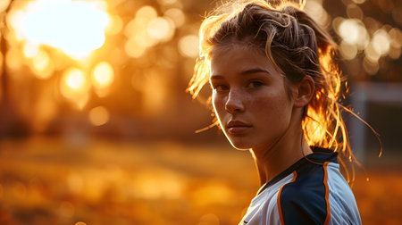 Portrait of a beautiful sportswoman jogging in park at sunsetの素材