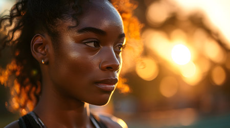 Close-up portrait of a beautiful African American woman at sunsetの素材