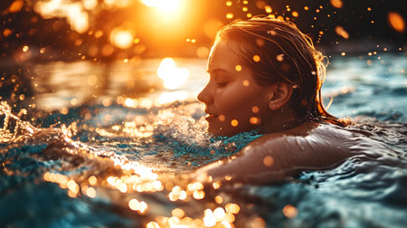 Beautiful young woman relaxing in a swimming pool at sunset. Vacation conceptの素材