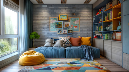 Children's room interior with a blue sofa and colorful pillows. 3D rendering.の素材