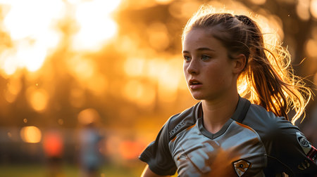 Portrait of a beautiful young woman running in the park at sunsetの素材