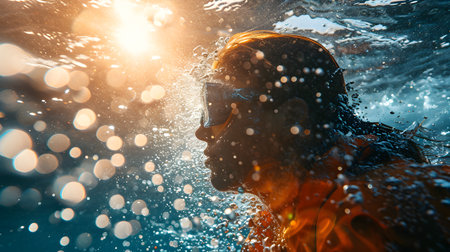 Underwater shot of a woman swimming in a pool wearing a life jacketの素材
