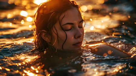 Portrait of a beautiful young woman in the water at sunset.の素材