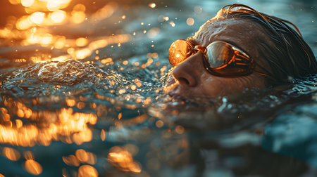 Close-up portrait of a man swimming in the pool at sunsetの素材