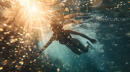 Young woman snorkeling in the sea, underwater photo.の素材