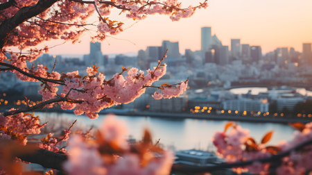 Cherry blossom and Tokyo cityscape at sunset, Japan.の素材