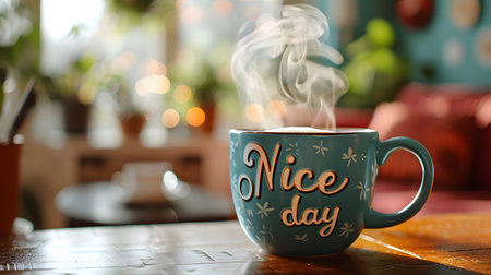 Cup of coffee on table in room, closeup. Father's day celebrationの素材