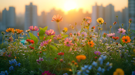 Colorful cosmos flowers in the garden at sunset with city background.の素材
