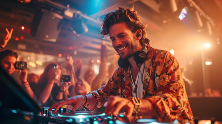 Handsome young man playing music on turntable in nightclubの素材