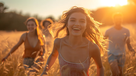 Group of friends having fun on wheat field at sunset. Young people having fun outdoors.の素材