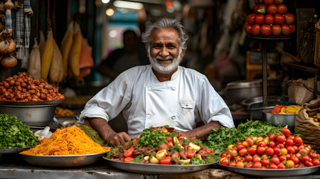 Indian man selling vegetables at a street market in Kolkata.の素材