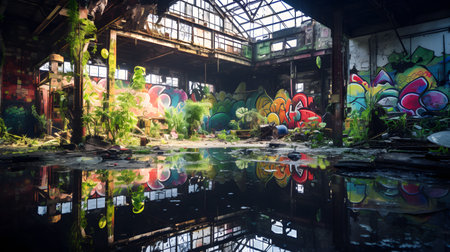 Abandoned factory with colorful graffiti on the walls and reflections in the waterの素材