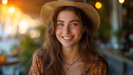 Portrait of a beautiful young woman in a hat sitting in a cafe.の素材
