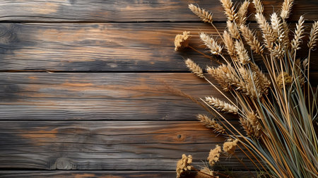 Bouquet of wheat on wooden background, top view. Space for textの素材