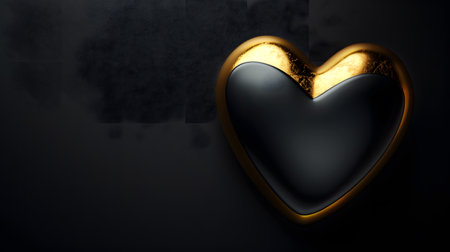 3d illustration of golden heart shape over black background with copy spaceの素材