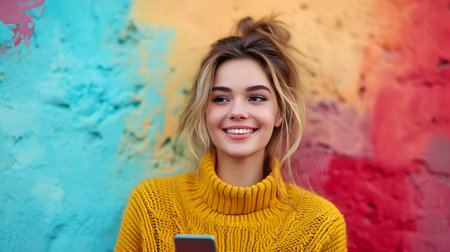 Portrait of a beautiful young woman in a yellow sweater with a smartphone on a colorful background.の素材