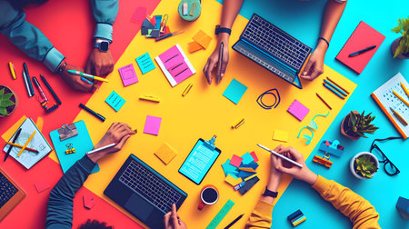 Top view of business people working together at office desk. Teamwork conceptの素材