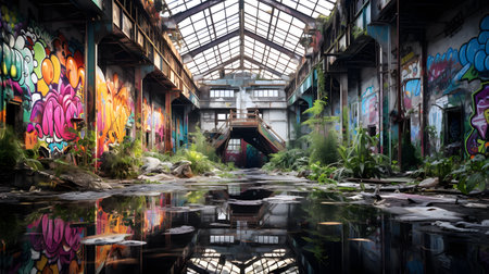 Abandoned factory building with colorful graffiti on the walls and reflection in the waterの素材