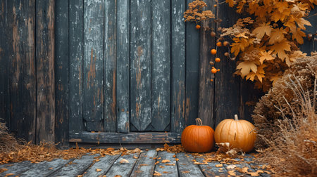 Autumn background with pumpkins, leaves and rustic wooden wallの素材