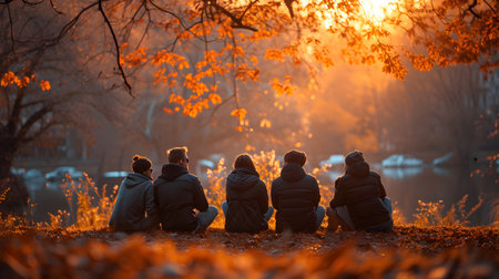 Group of friends sitting on the ground in the autumn park at sunsetの素材