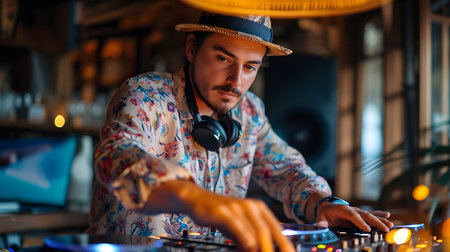 Portrait of a male DJ playing music on a turntableの素材