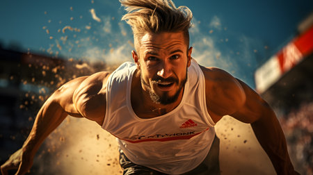 Portrait of a handsome young man running in the stadium. Sport and healthy lifestyle.の素材