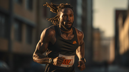 African american man running on city street at sunset - Sport and healthy lifestyle conceptの素材