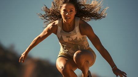 Athletic young woman running and jumping in the air.の素材