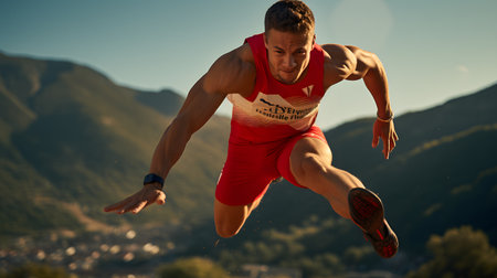 Athletic man jumping in the air against the backdrop of a mountain landscapeの素材