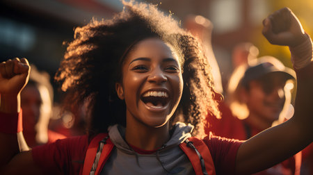 Portrait of a young African American woman cheering in the streetの素材
