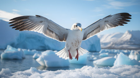Seagull in flight over icebergs, Antarctic Peninsula, Antarcticaの素材