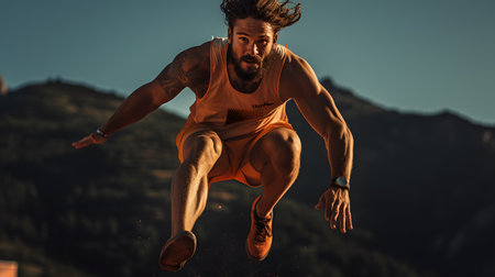 Athletic young man jumping in the air against the backdrop of mountains.の素材