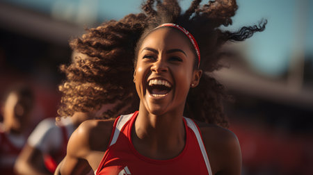happy african american sportswoman with afro hairstyle running on stadiumの素材