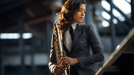 Beautiful young woman playing the saxophone in a music studio.の素材