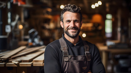 Portrait of a smiling male carpenter standing in his workshop.の素材