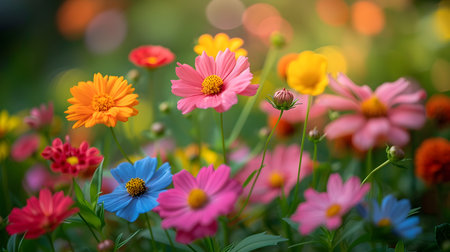 Colorful cosmos flowers in the garden with sun light bokeh backgroundの素材