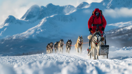Sledding in the mountains with a musher. 3D rendering.の素材