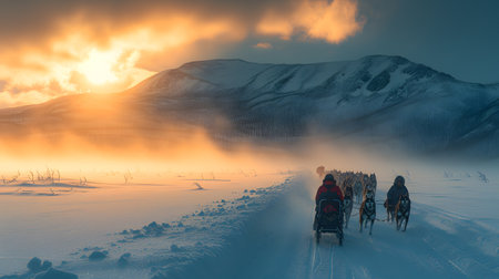 Sledding with a group of people in the mountains at sunsetの素材