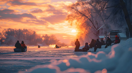 Group of people on the ice of a frozen lake at sunset.の素材