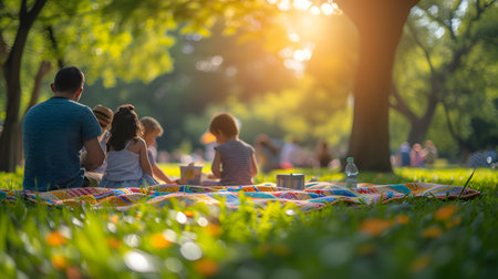 Family picnic in the park on a sunny summer day. Mother, father and their children spending time together.の素材