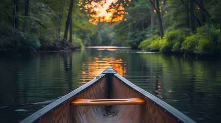 Wooden canoe on the river at sunset. Beautiful nature background.の素材