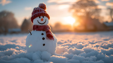 Snowman in a winter hat and scarf on the background of a beautiful sunsetの素材