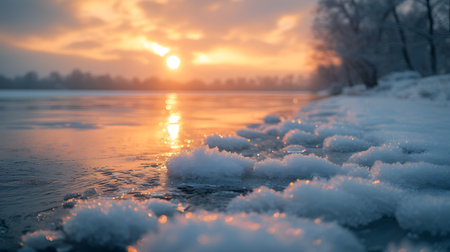 Beautiful winter landscape with frozen lake and sunset. Shallow depth of field.の素材
